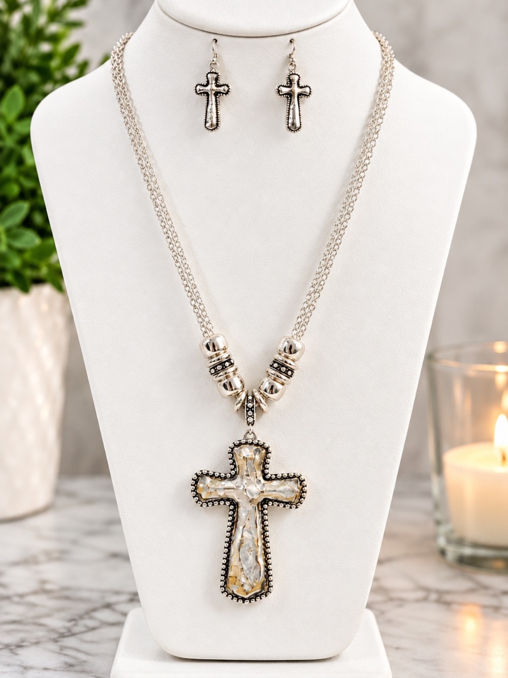 NEW Rebecca Malone Silver-Tone Cross Necklace with Matching Earrings
